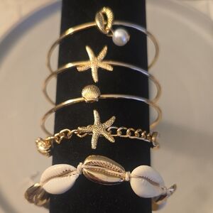 5 Goldtone Shell & Starfish Bangle Bracelet Set New